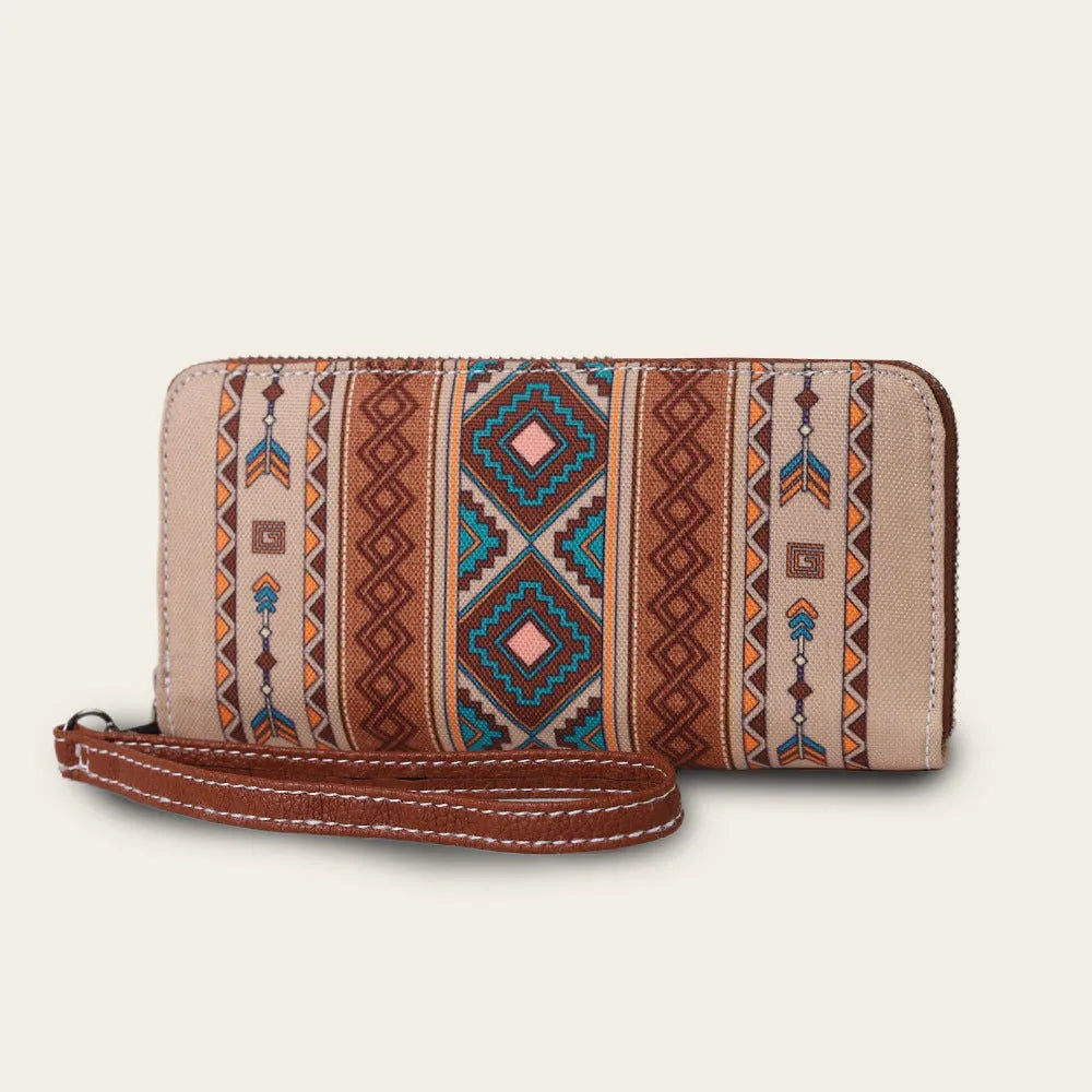 Bohemian striped pattern canvas RFID wallet showing interior and exterior dimensions of 20x10x2cm