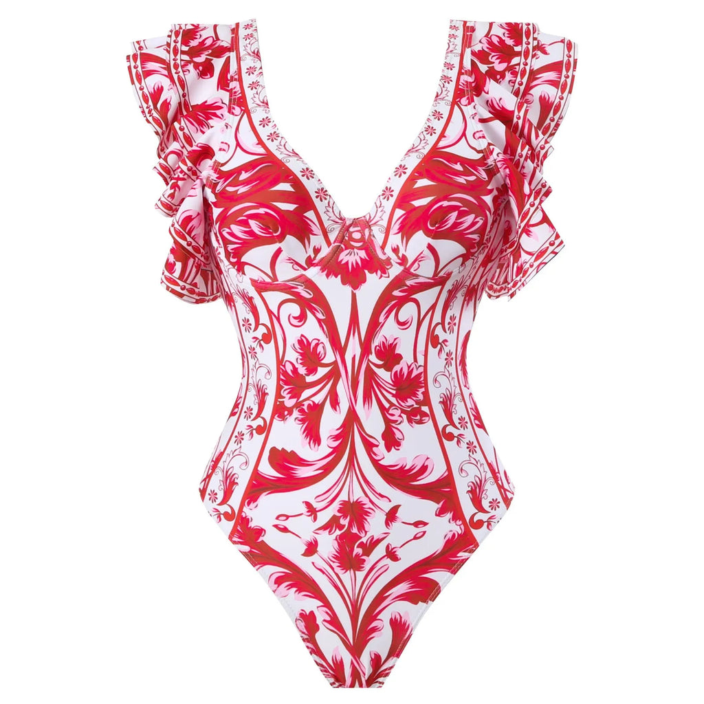 Women's printed one-piece swimsuit in a blue skirt design, made from polyester fabric.