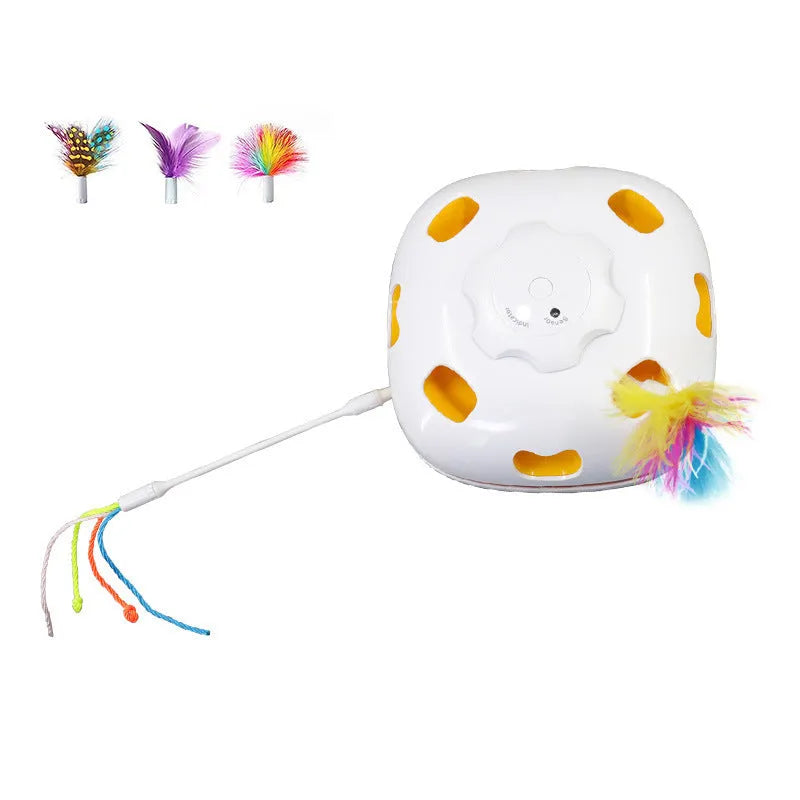 Plastic cat self-grooming relief toy with teaser design measuring 19.8 by 11.5 by 19.5 centimetres