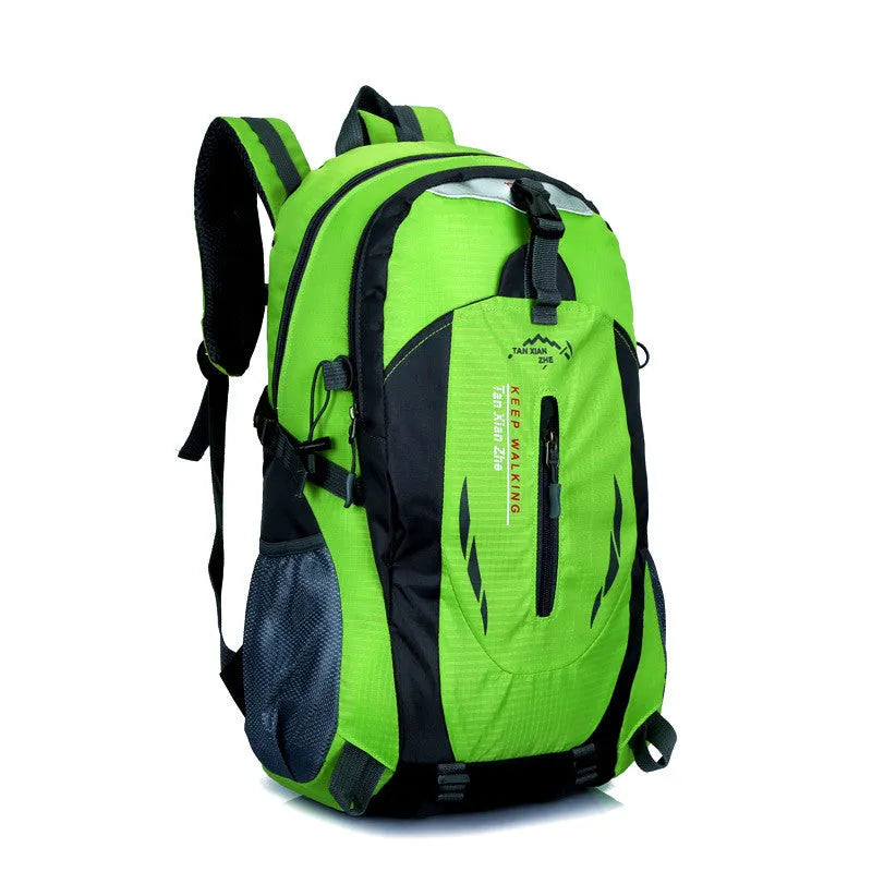 Large outdoor travel backpack in Oxford cloth showing computer pocket, dual shoulder straps, and zipper opening