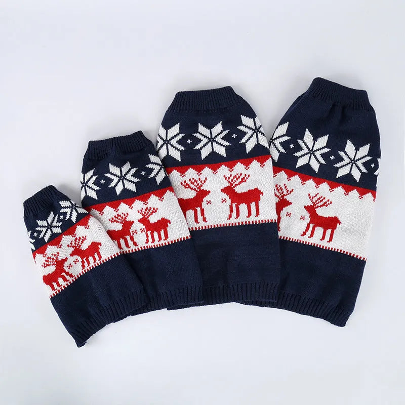 Navy blue knitted Christmas sweater for a dog on a white background