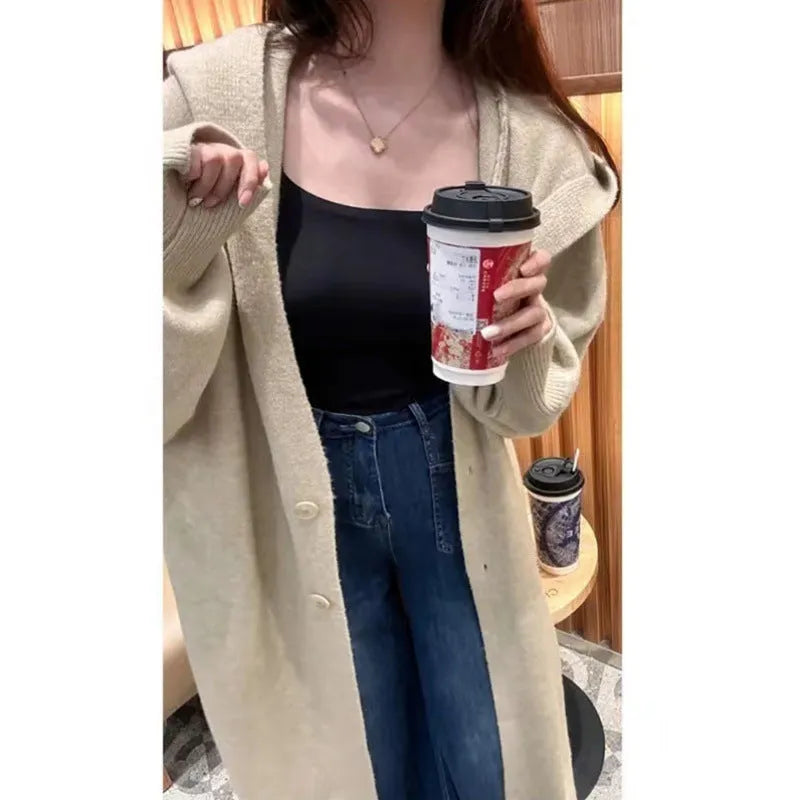 Korean idle style hooded long cardigan in wool blend polyester fabric below-the-knee length