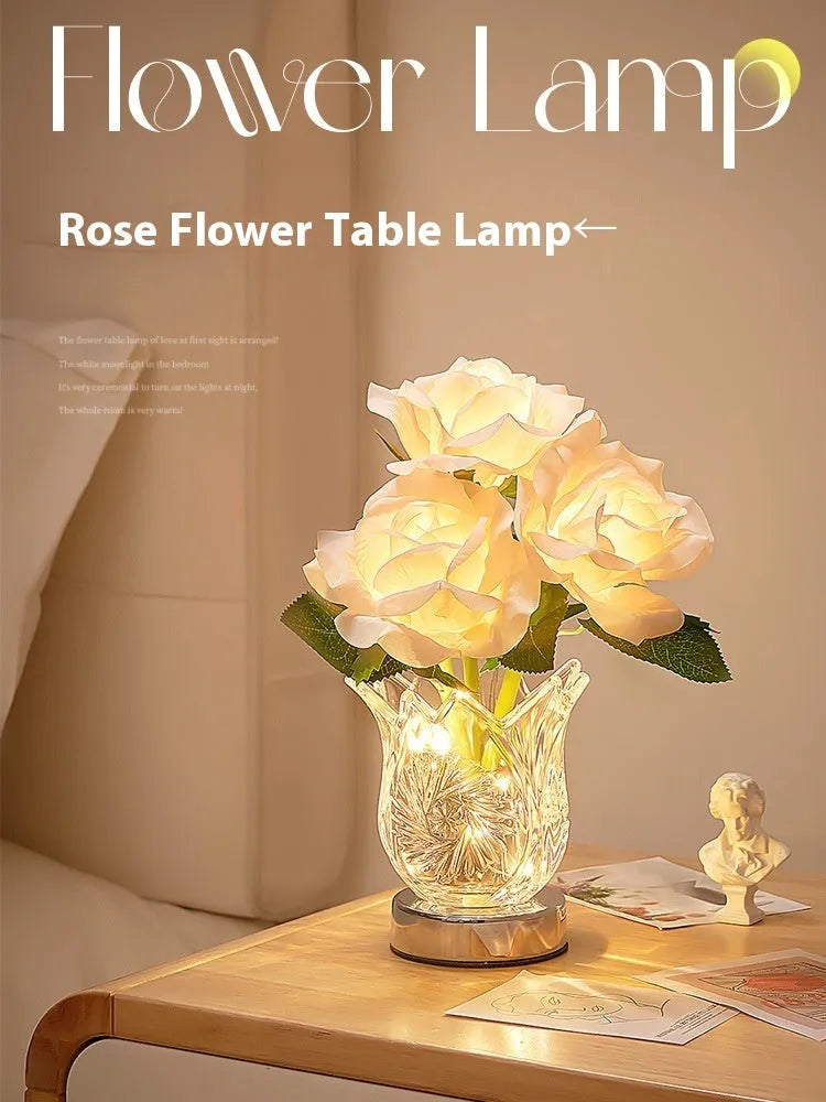 Modern crystal flowers design rechargeable touch table lamp on a bedside table.