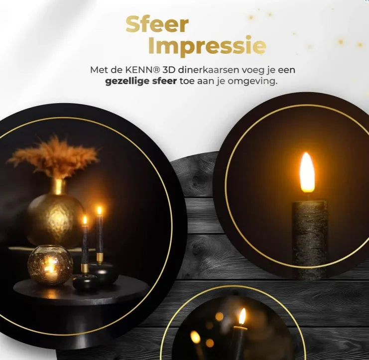 Set of four tall black LED taper candles with realistic orange 3D flickering flames