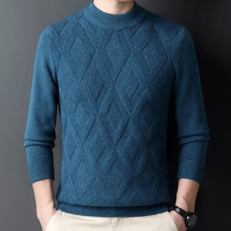 Men's thicken thermal wool blend pullover sweater with diamond jacquard pattern in light camel colour.