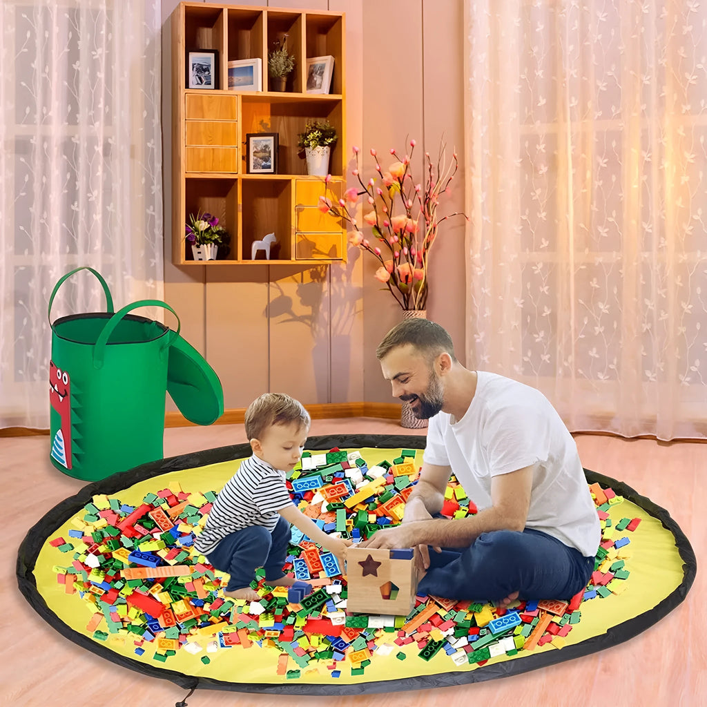 Green felt cube storage bag with pull rope that converts into a flat play mat for toys.