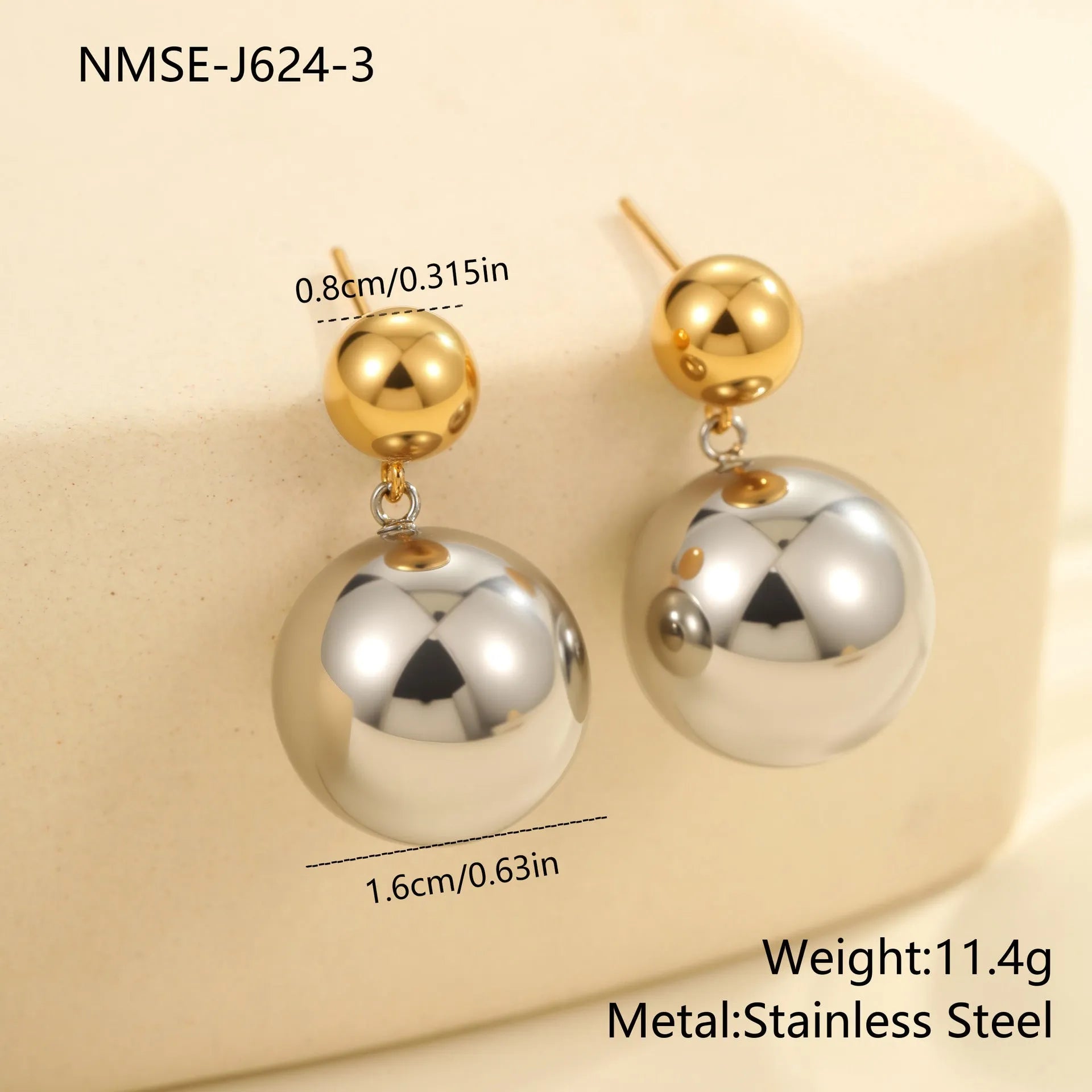 Stainless steel geometric ear studs with colour-block round sphere beads, 18K purity