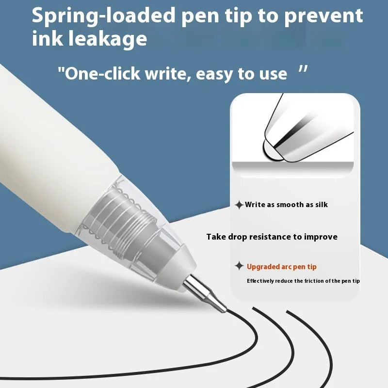 Four bullet pen refills showing black, blue, red, and ink blue ink colours with quick-drying technology