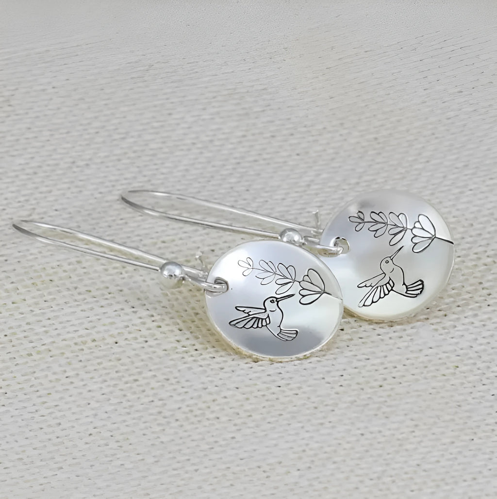 Silver retro bird and flower motif women's earrings with glossy finish