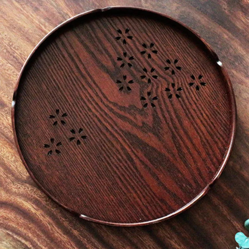 Wooden dessert plate with hollow sakura blossom pattern, 30cm diameter shallow dish