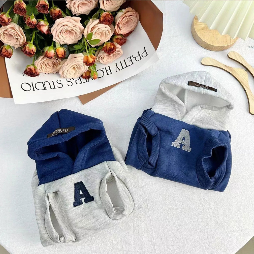 Blue and grey white slim-fitting pet hoodie with reflective letters for a dog or cat.
