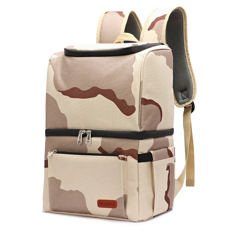 Blue insulated waterproof picnic backpack with double-layer construction and ice pack compartment