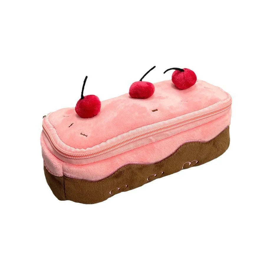 Cherry cake coloured plush velvet pencil bag with Korean style design.
