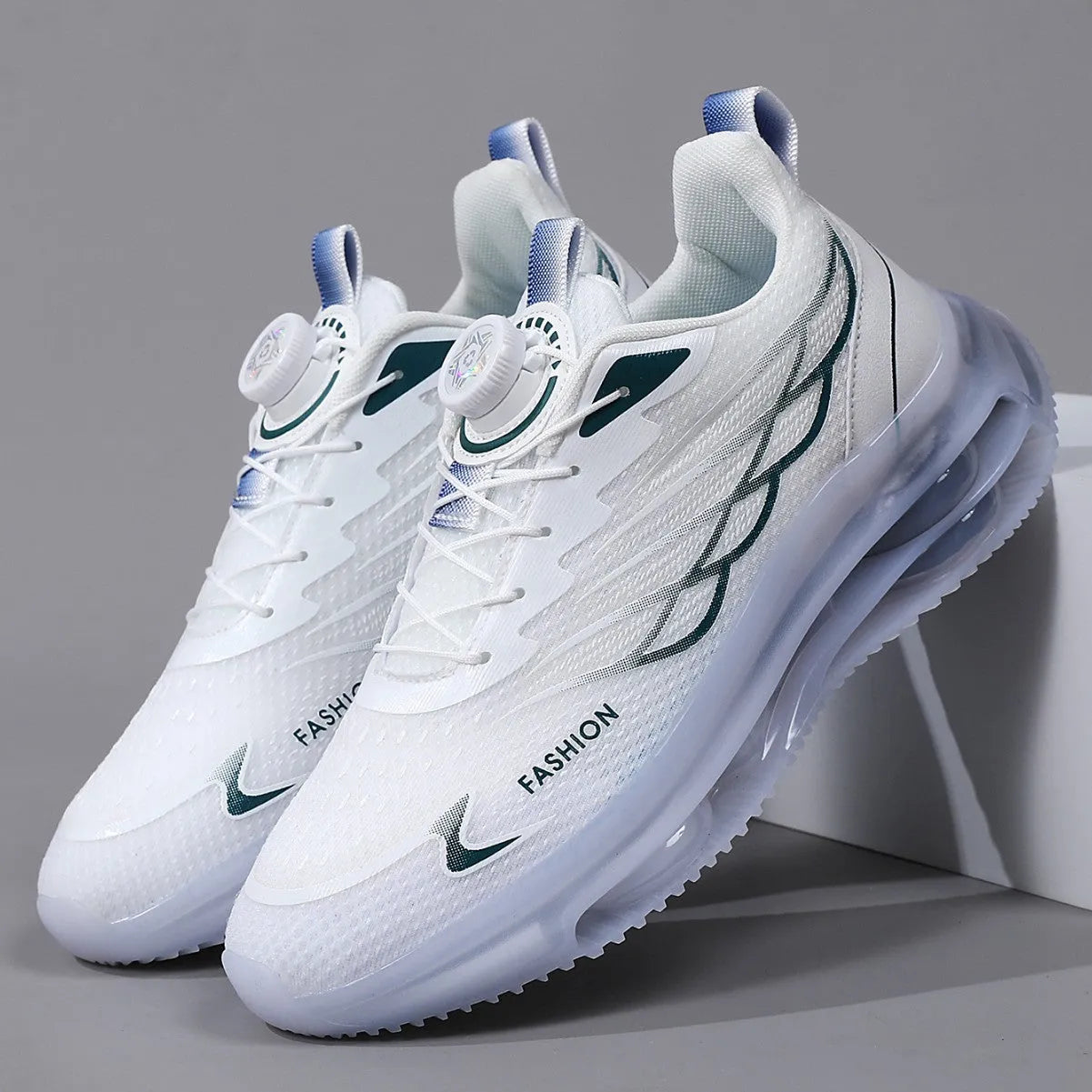 White men's low-top casual sneakers with rotating button on lace-up front and mesh upper.