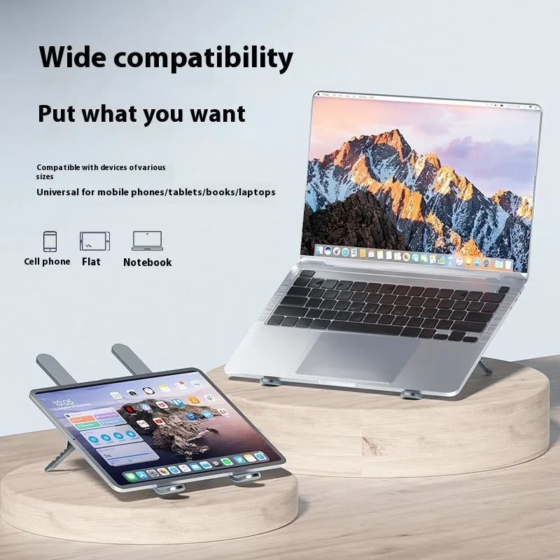 Silver aluminium folding laptop stand with twin cooling fans deployed on a desk.
