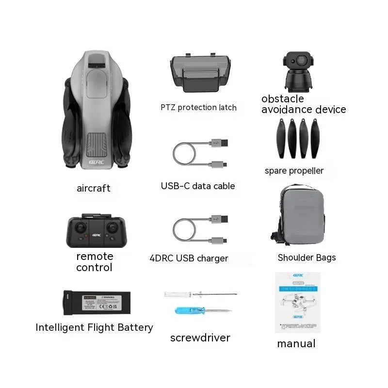 White folding quadcopter drone with camera and propellers, shown next to its remote control and shoulder bag.