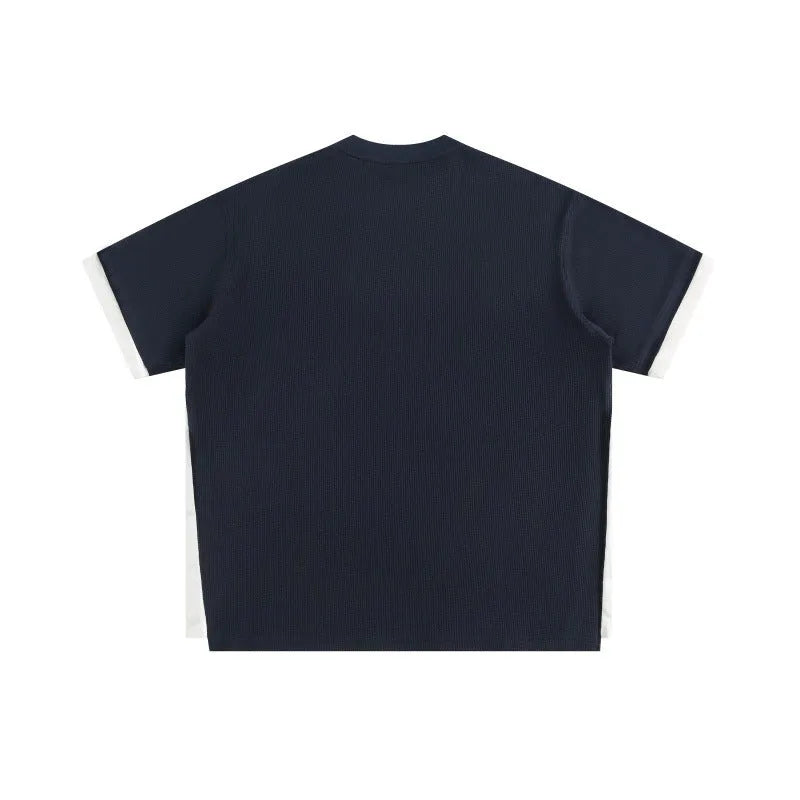 Retro alphabet embroidered waffle-knit T-shirt in loose-fitting casual style