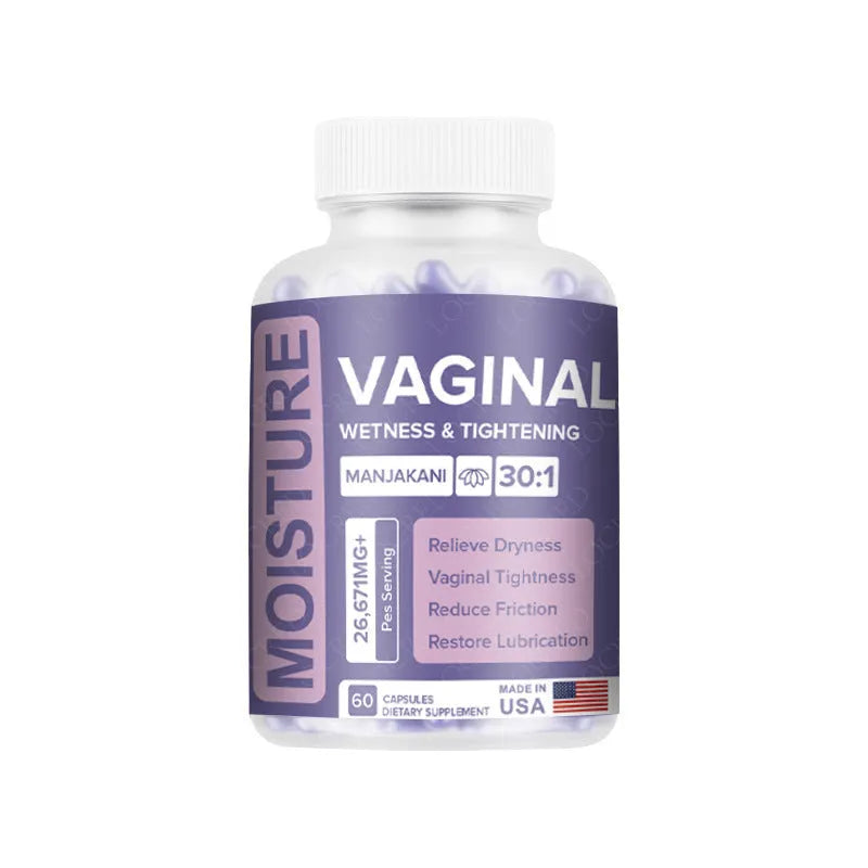 Bottle containing 60 vaginal capsules for adult intimate care with extract-based formula
