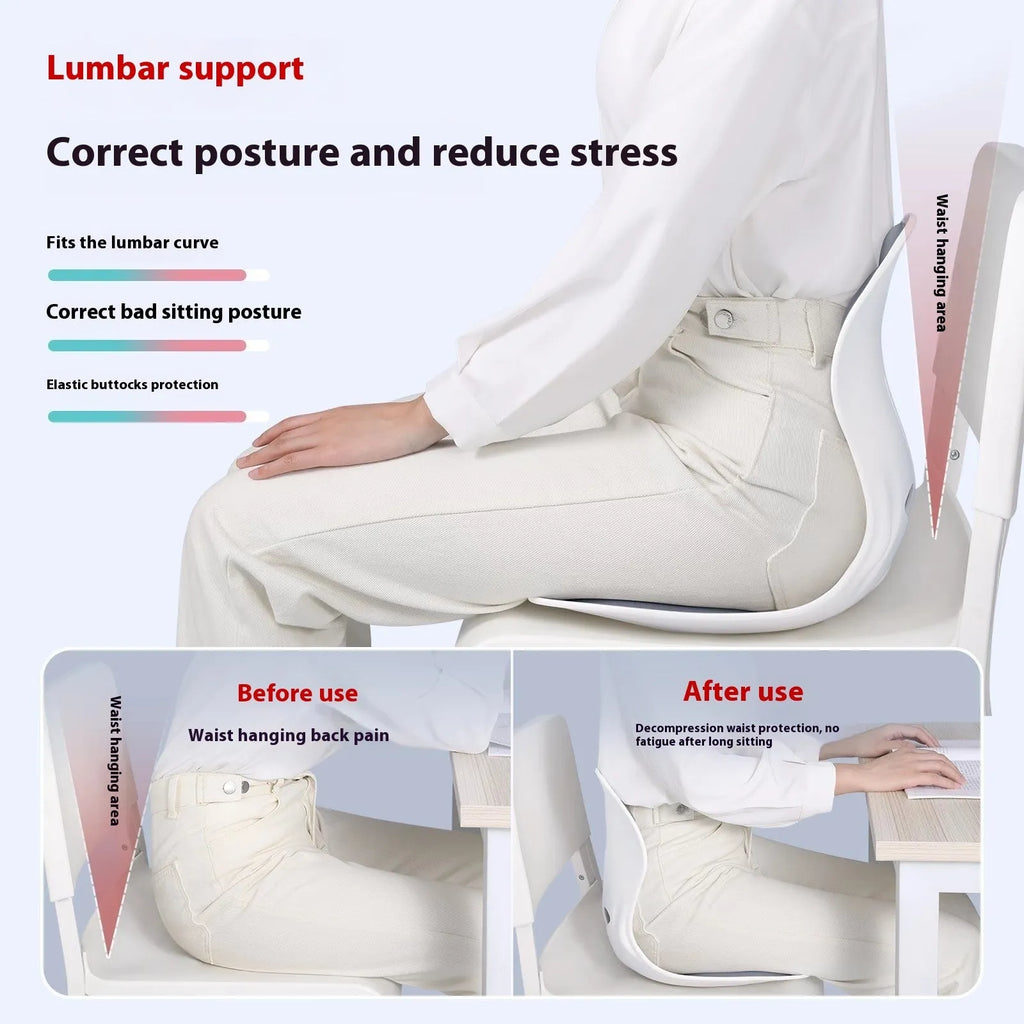 Grey lumbar support cushion on office chair for waist and lower back comfort