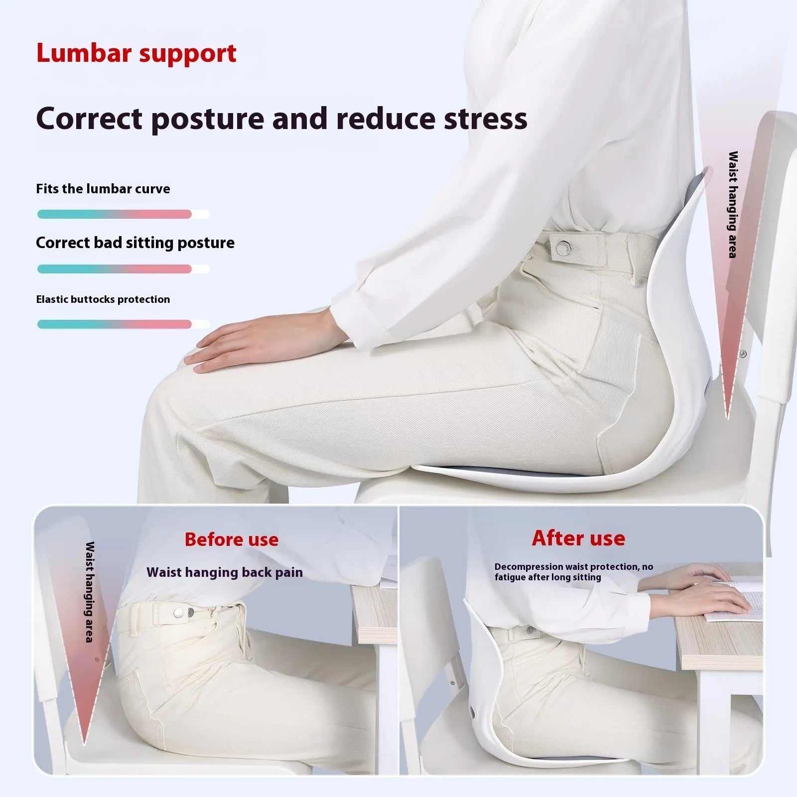 Grey lumbar support cushion on office chair for waist and lower back comfort