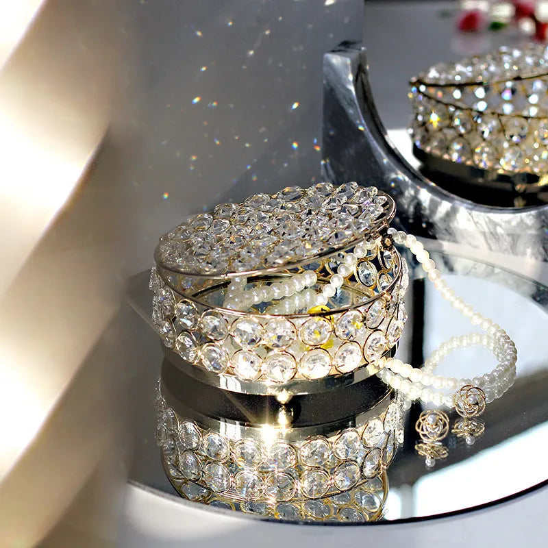 French gold metal jewelry box with crystal glass panels in European style design