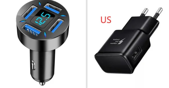 Black four-port USB car charger with LED digital display plugged into a vehicle socket.
