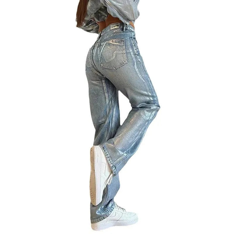 High waist straight leg jeans in washed blue with silver contrast street hipster style