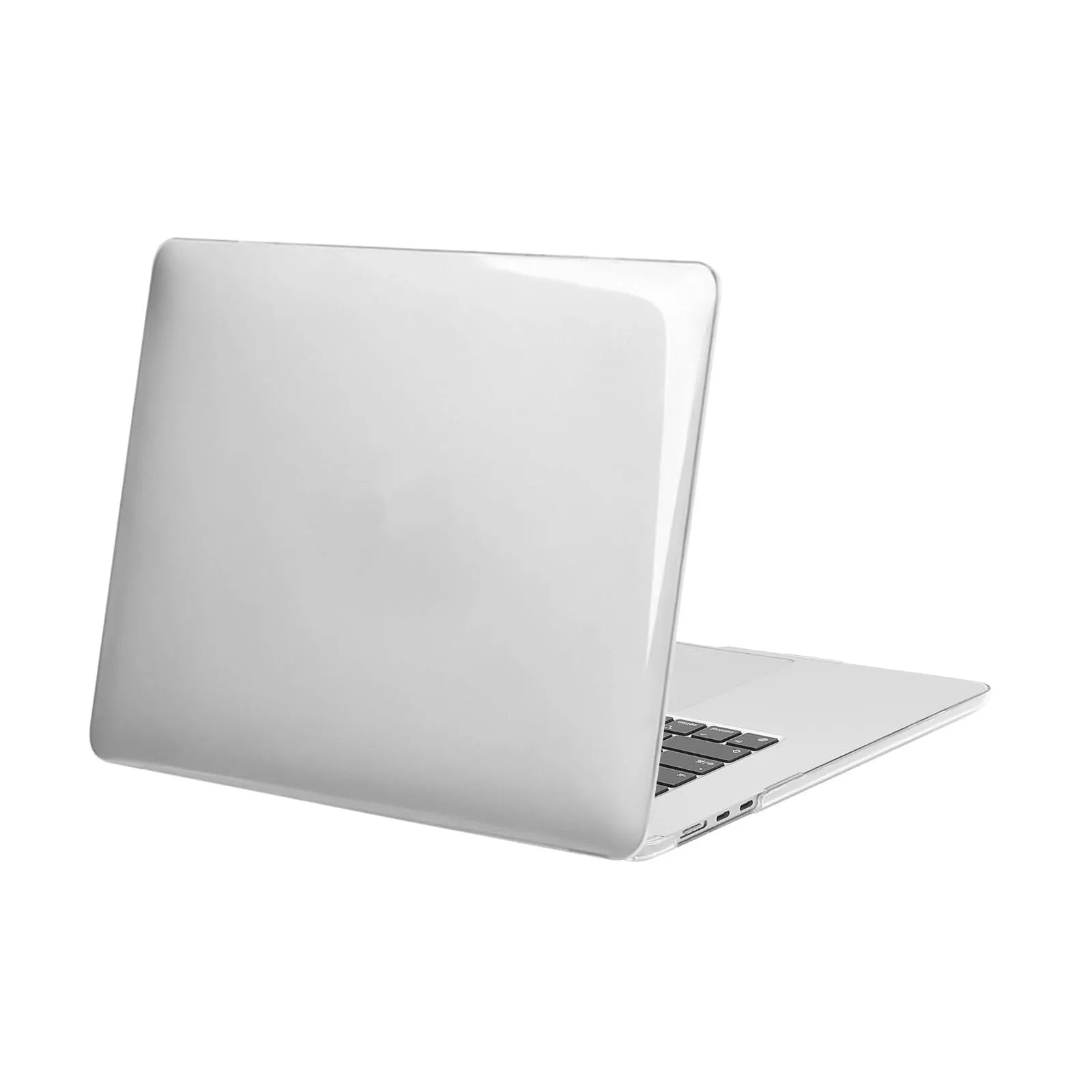 Transparent plastic hard shell case on a MacBook laptop showing the Apple logo through the clear cover.