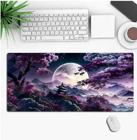 Anime design gaming mouse pad with non-slip rubber base shown on a desk