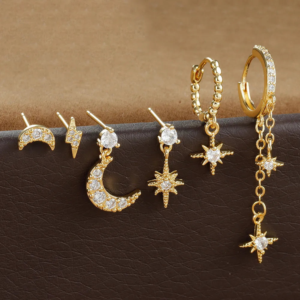 XINGX gold colour chain tassel earrings with zircon studs, six-piece jewellery set