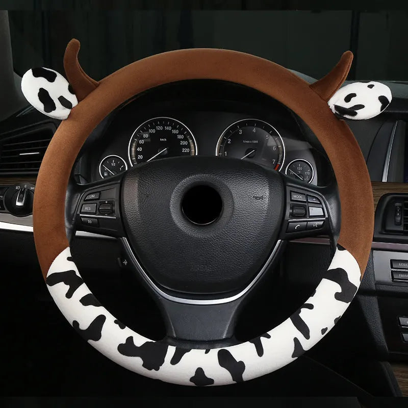 Short plush car steering wheel cover with protective handle in black colour