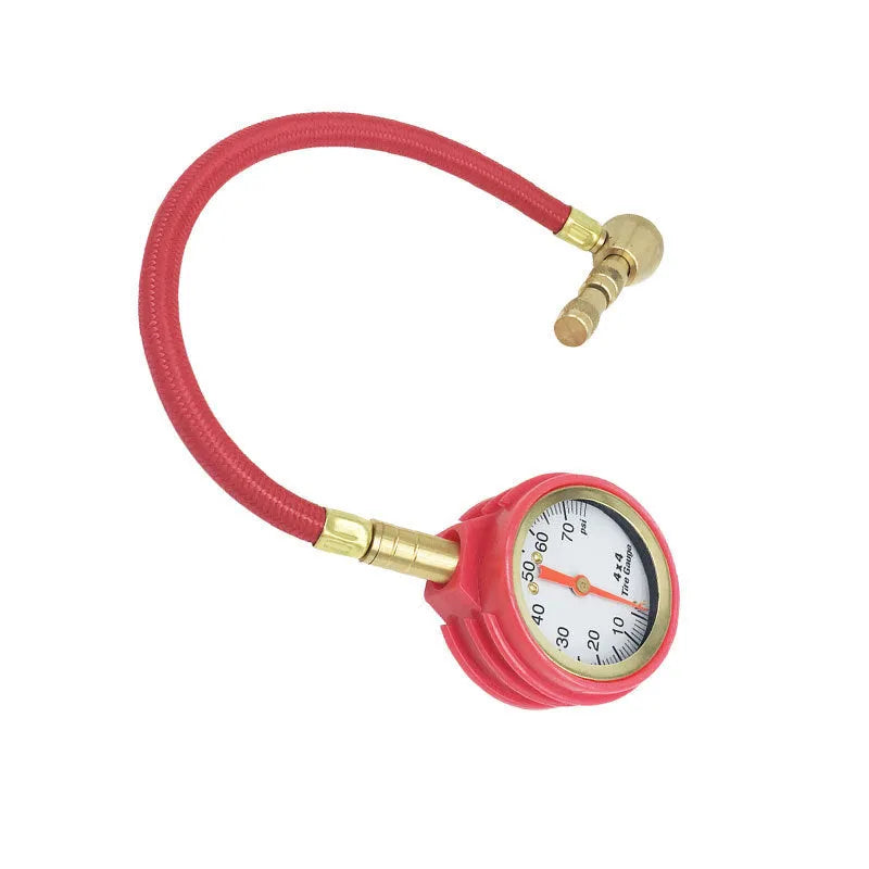 Red and black mechanical tyre pressure gauge with dial showing 0-5 BAR scale for automotive use.
