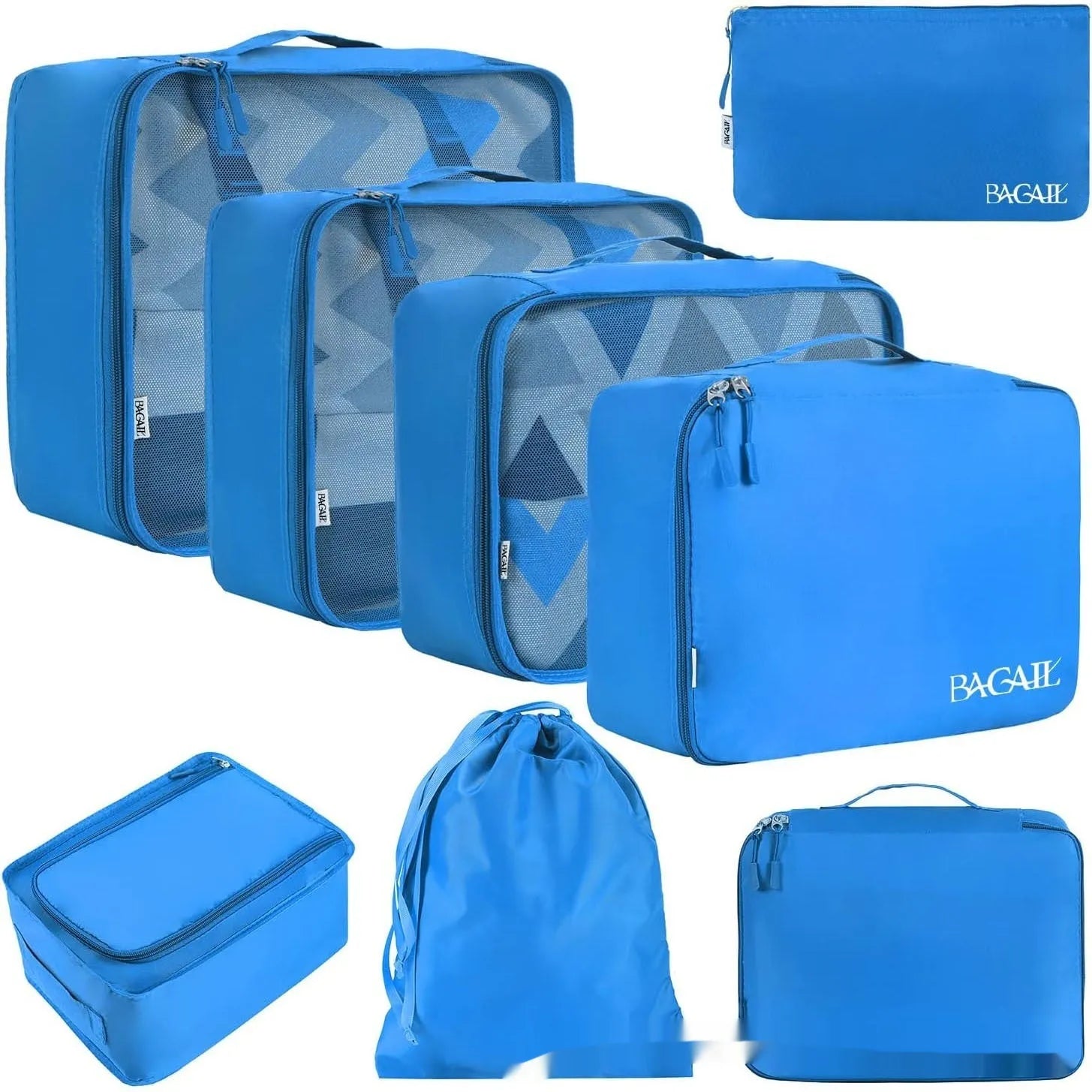 Cubic eight-piece travel packing set showing compression bags in various colours including beige, black, and pink leopard print