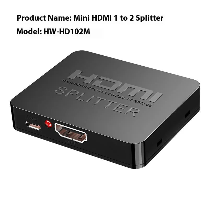 HDMI distribution amplifier splitter with one input and two output ports for 4K video