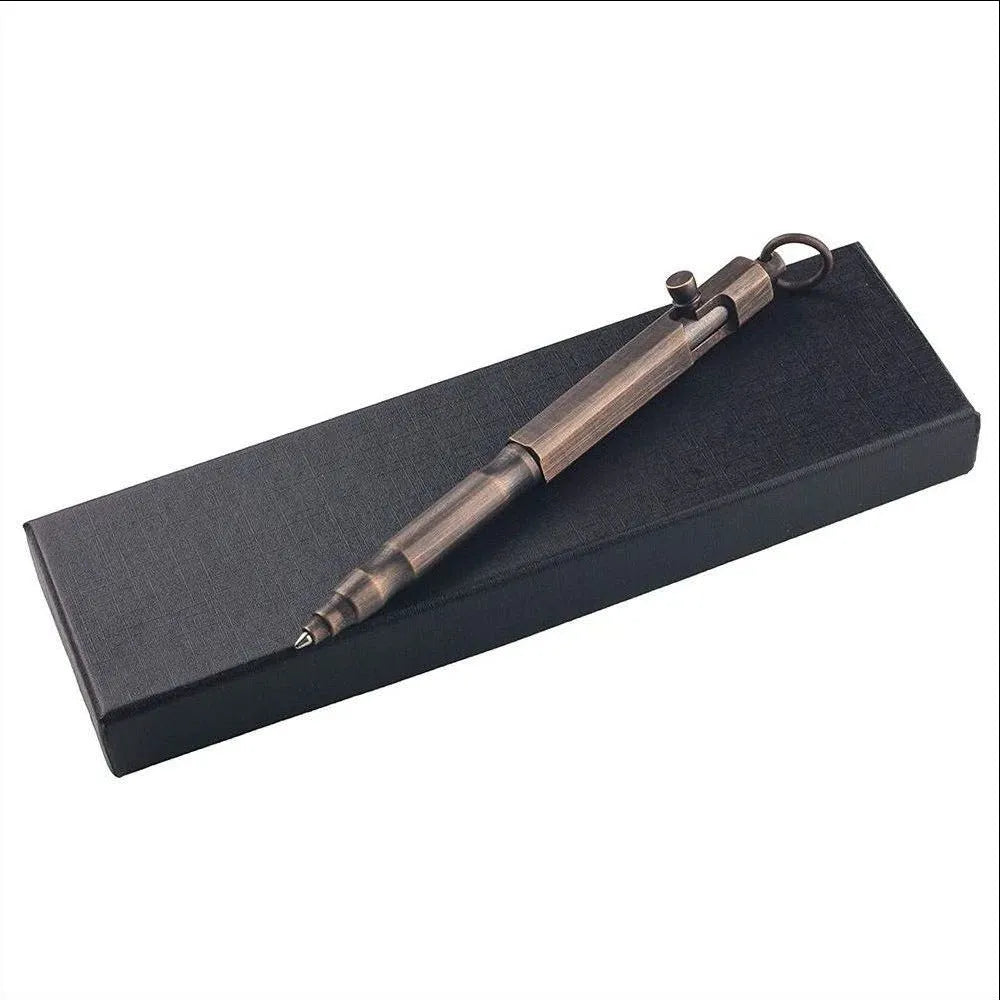 Brass tactical pen with hexagonal bolt design showing brass and black colour options