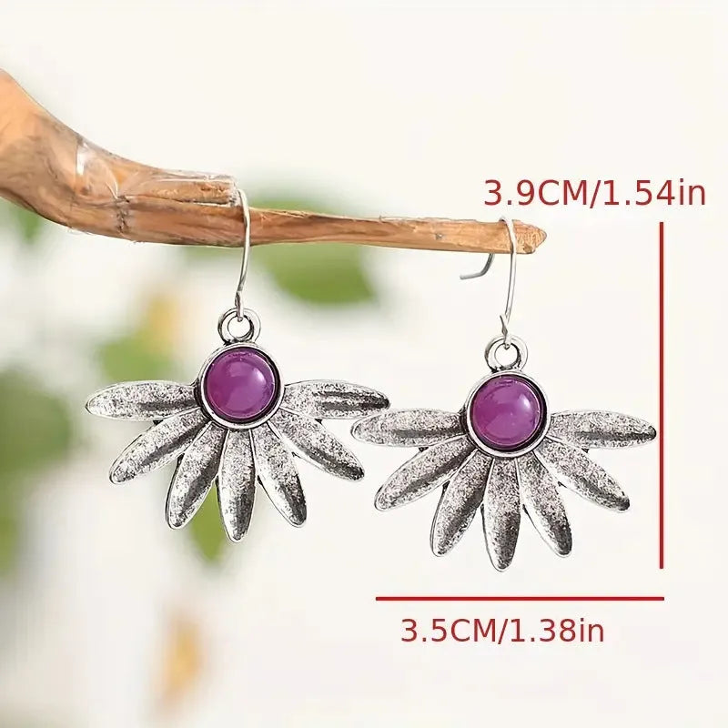 Purple Bohemian style earrings with animal zodiac design and plant flower elements