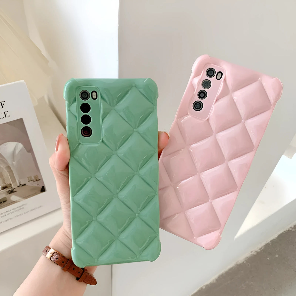 Silicone phone case for Huawei P30, P40, Nova, and Mate models in black, green, pink, or white.