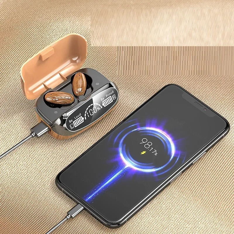 M35 wood grain Bluetooth wireless earbuds with charging case on wood background