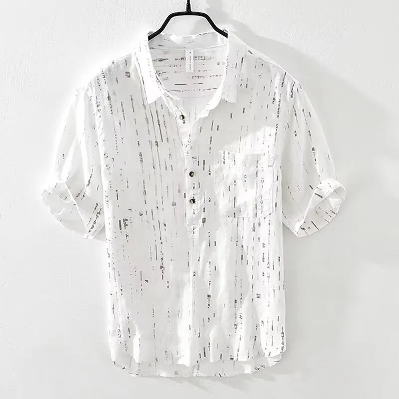 Men's loose fit summer polo shirt in white or black with lapel collar and short sleeves