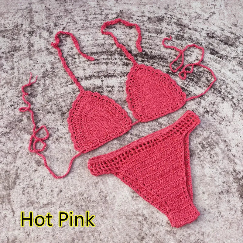 Women's 3-piece handmade crochet bikini set with skirt cover-up in solid colour acrylic fibre