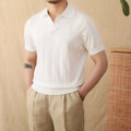 Men's short sleeve knitted top with seagull collar in cotton ramie blend fabric showing sunk stripe texture