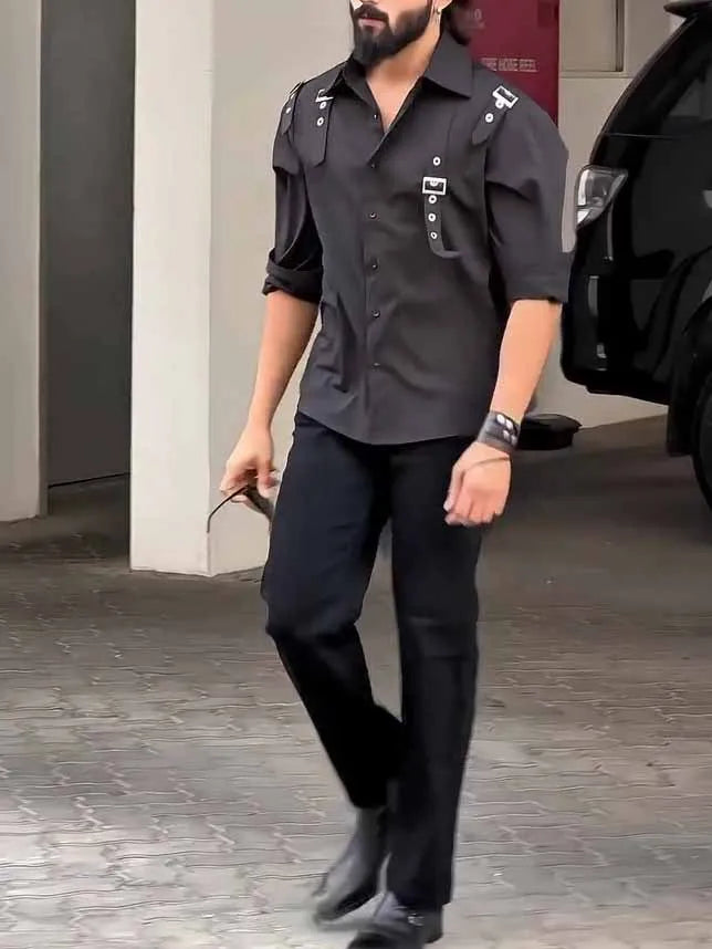 Black polyester button-up shirt for men showing regular fit and standard length design