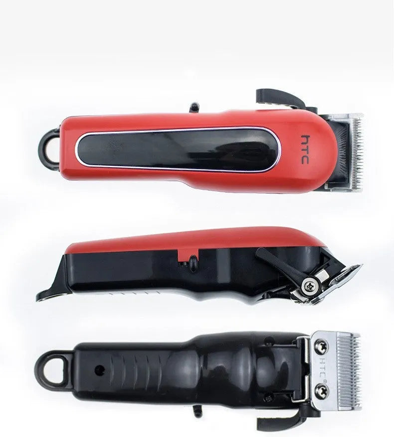 Professional digital electric hair clipper in black, red, or white with four attachment combs, cleaning brush, and lubricating oil.