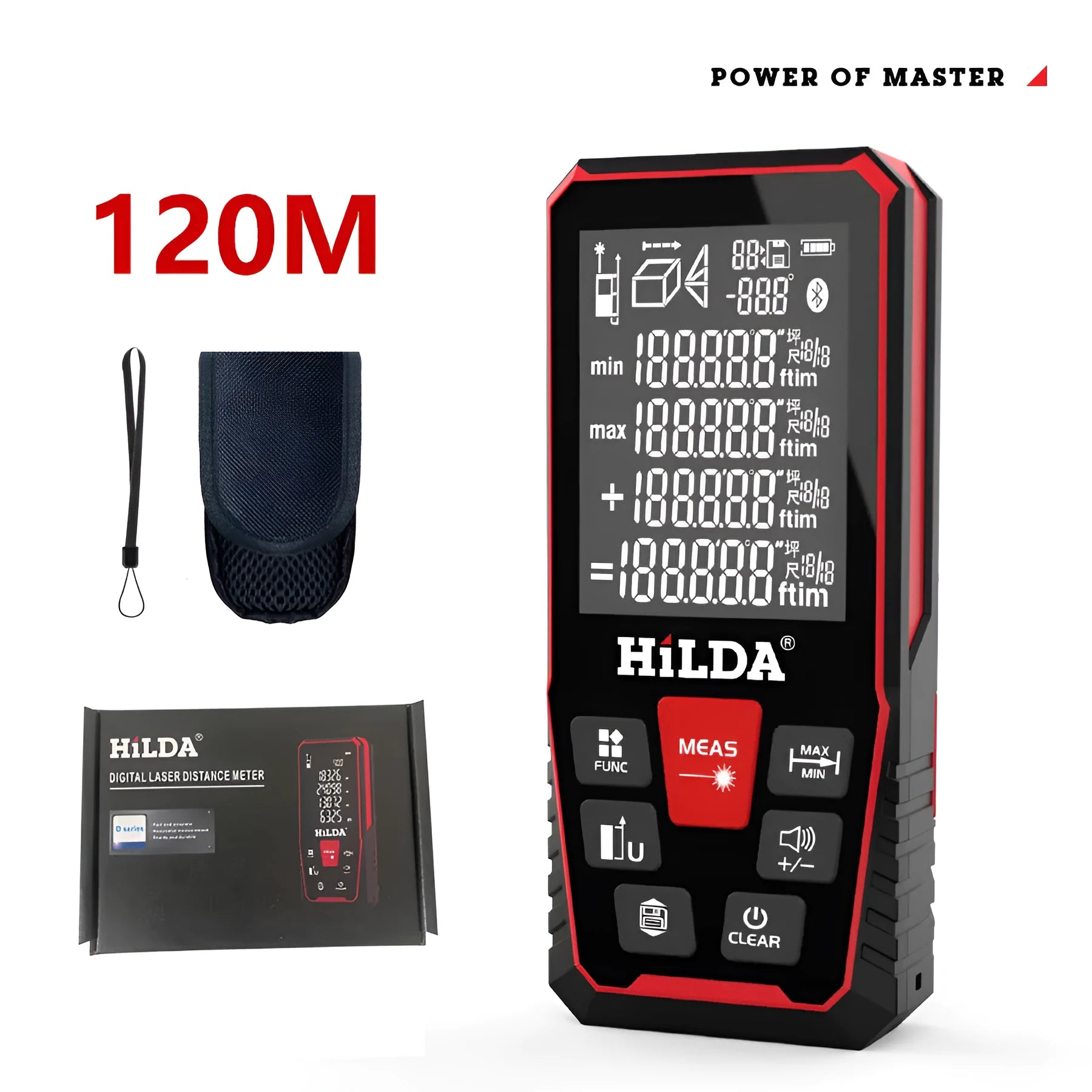 Handheld plastic laser rangefinder for 100m or 120m distance measurement.