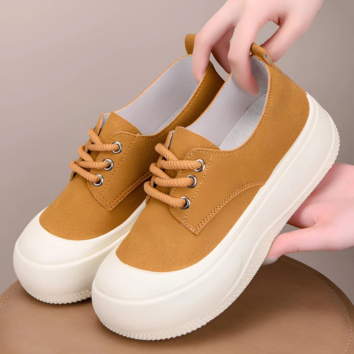 Women's camel suede platform loafers with round toe and front lace-up, 4cm height increase