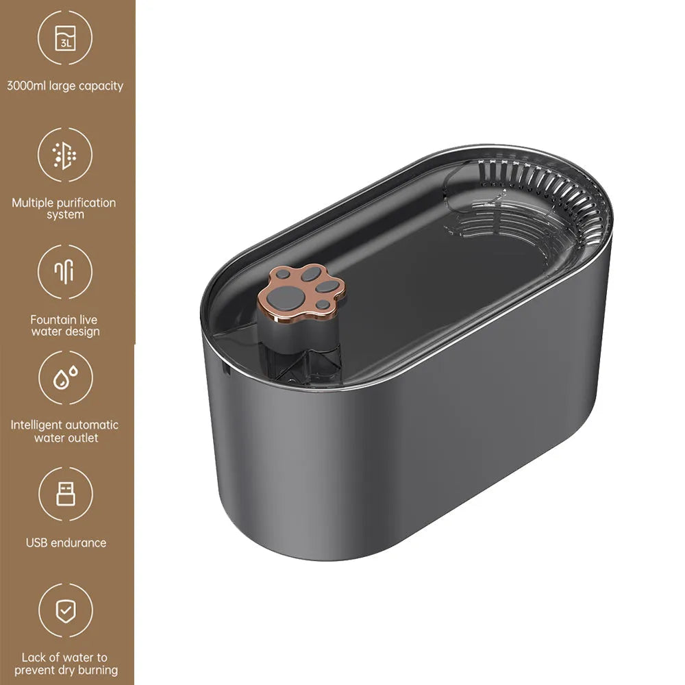 3L automatic pet water fountain with LED light, quiet pump, and triple filter system for cats and dogs