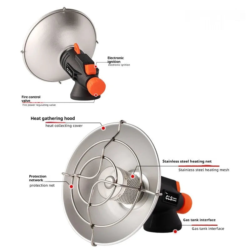 Black and orange mini portable heating stove with stainless steel body and automatic press ignition for camping