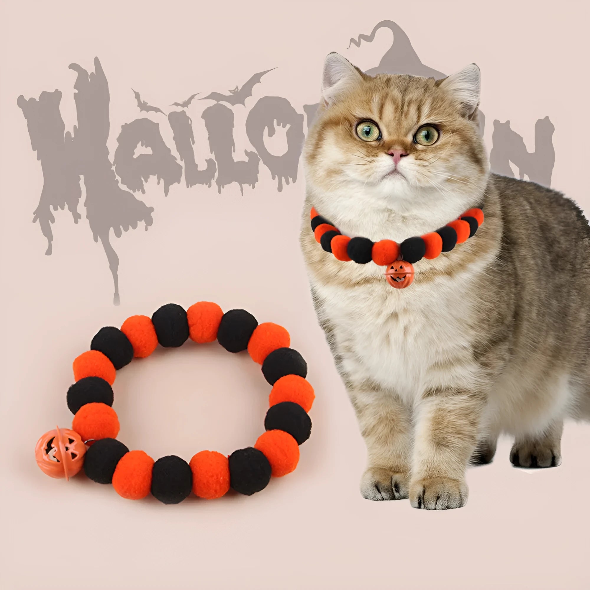 A pumpkin-themed adjustable cat collar for Halloween, shown in three sizes.