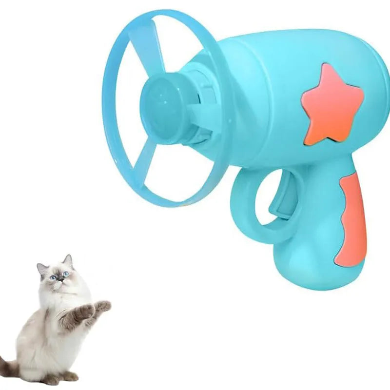 Blue plastic cat toy gun with spinning mechanism and flying disc for indoor feline play