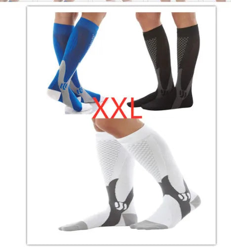 A pair of graduated compression socks for men and women in an athletic style, shown in a colour option like black or blue.